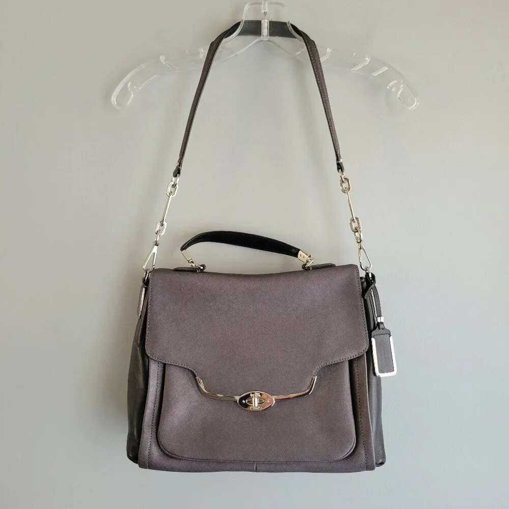Coach Madison Sadie Flap Satchel with dust bag. metallic grey color.